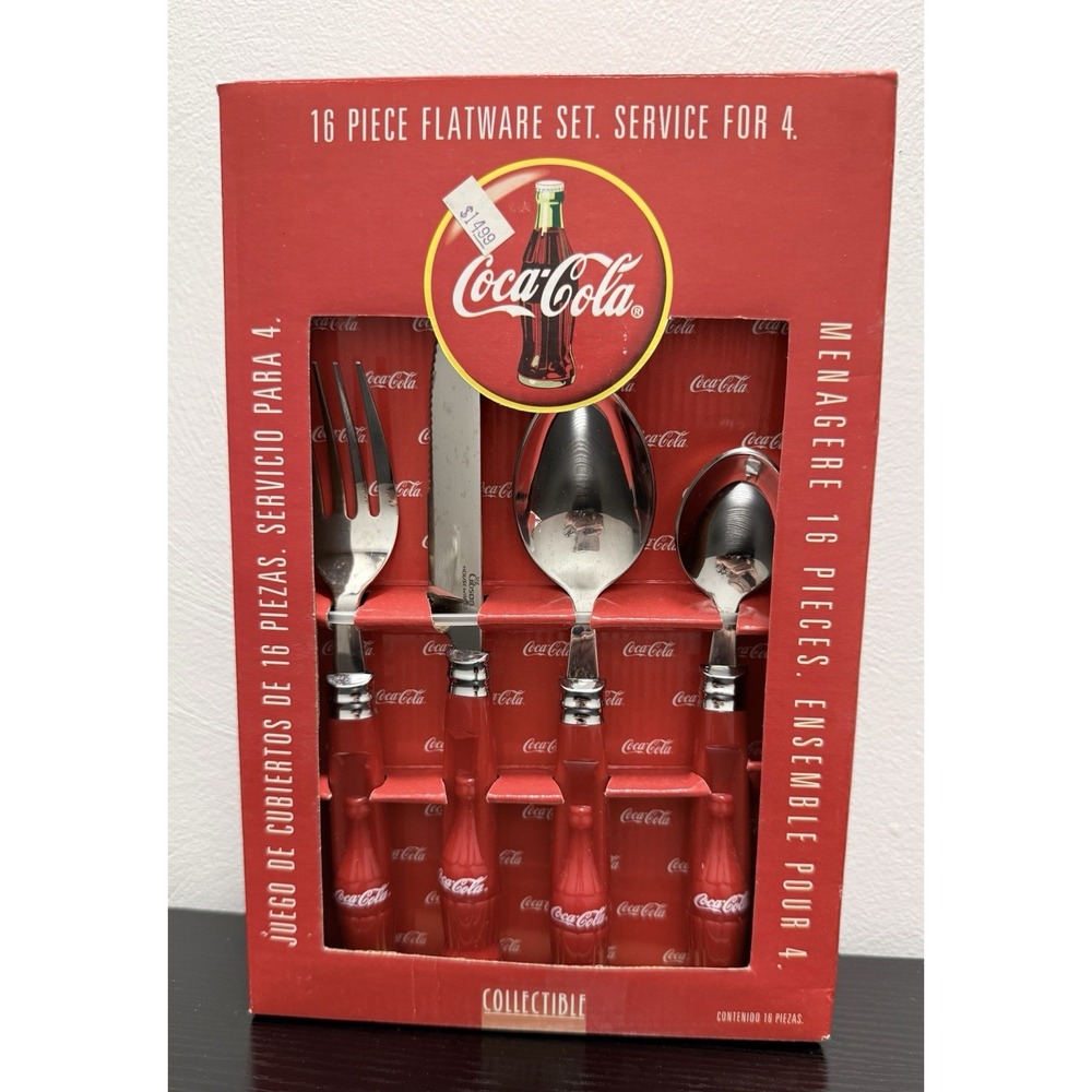 NIB 1997 Gibson Coca-Cola 16 Pc Silverware/Flatware Set Serves 4 w/Red Handle